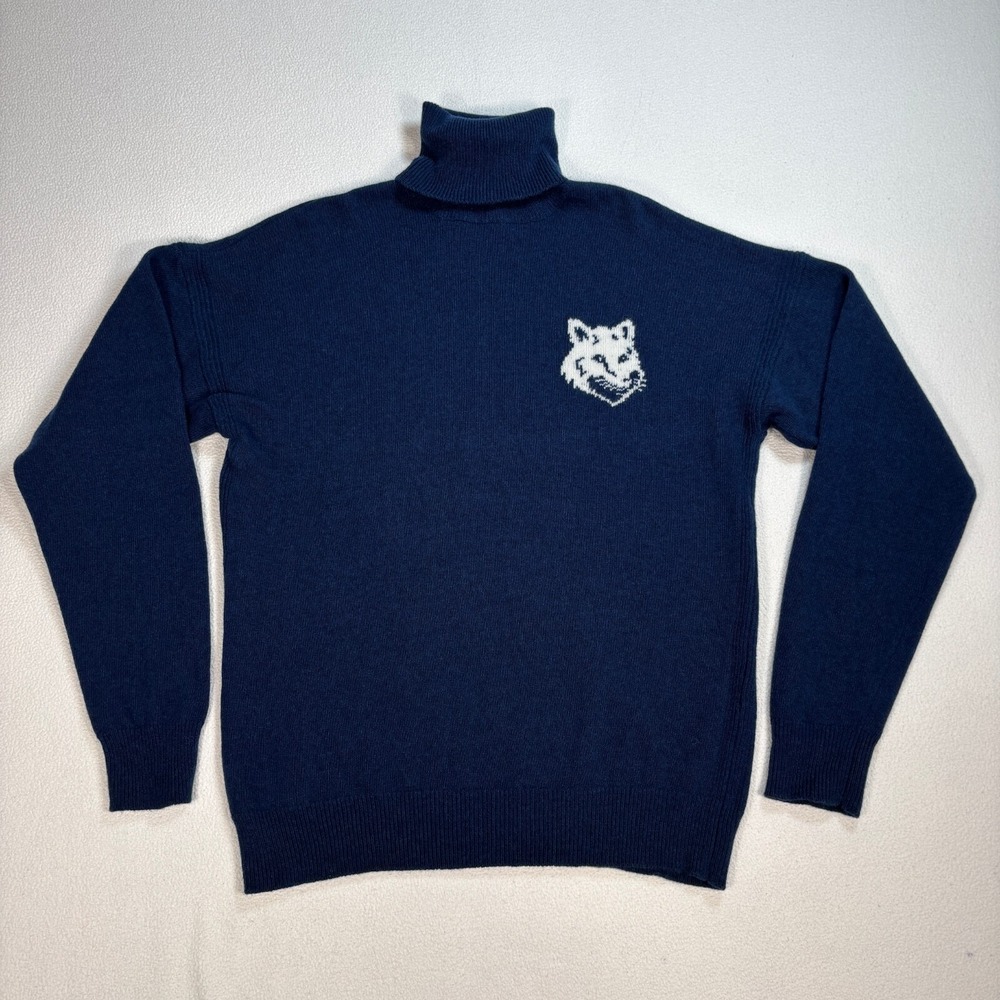 Maison‎ Kitsune Intarsia Turtleneck Sweater Men's S Navy Blue Wool Fox Head Knit